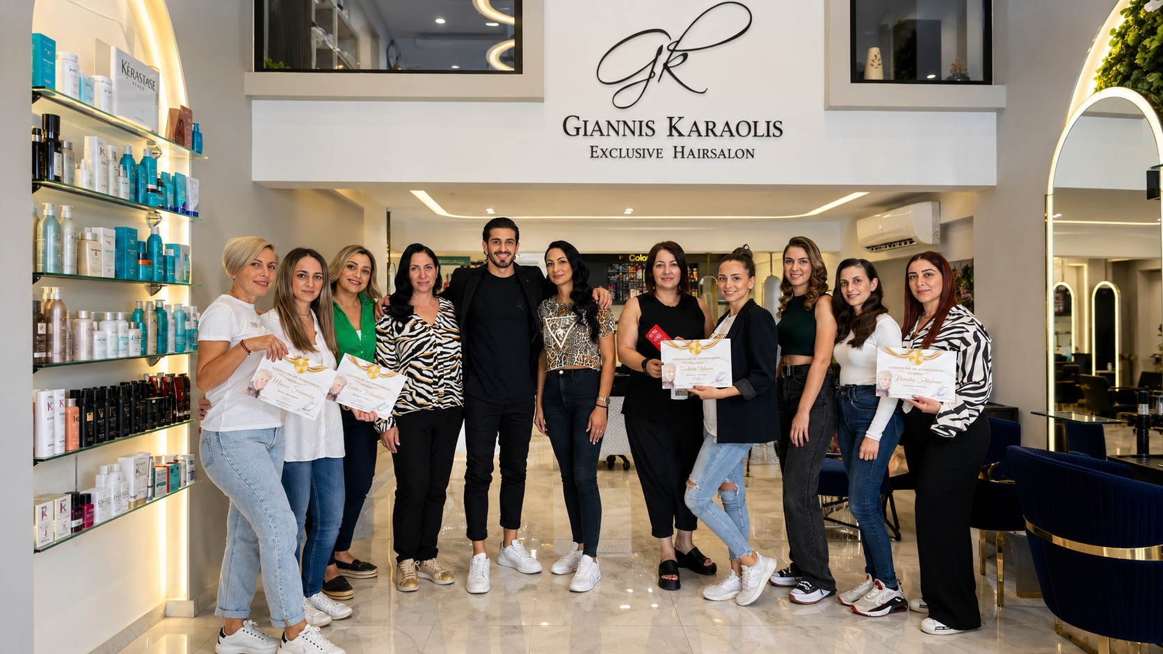 Giannis Karaolis teaching a group of hairdressers holding education certificates inside his Paphos salon