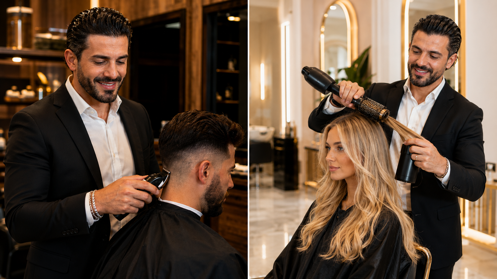 Split editorial | barber giving a fade on the left, hairdresser styling long blonde hair on the right