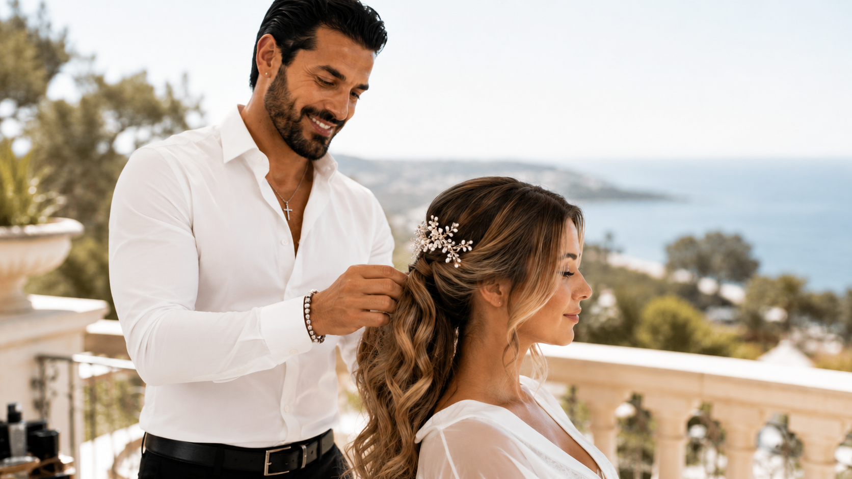 Giannis Karaolis styling a bride's hair on a Paphos terrace overlooking the Mediterranean sea