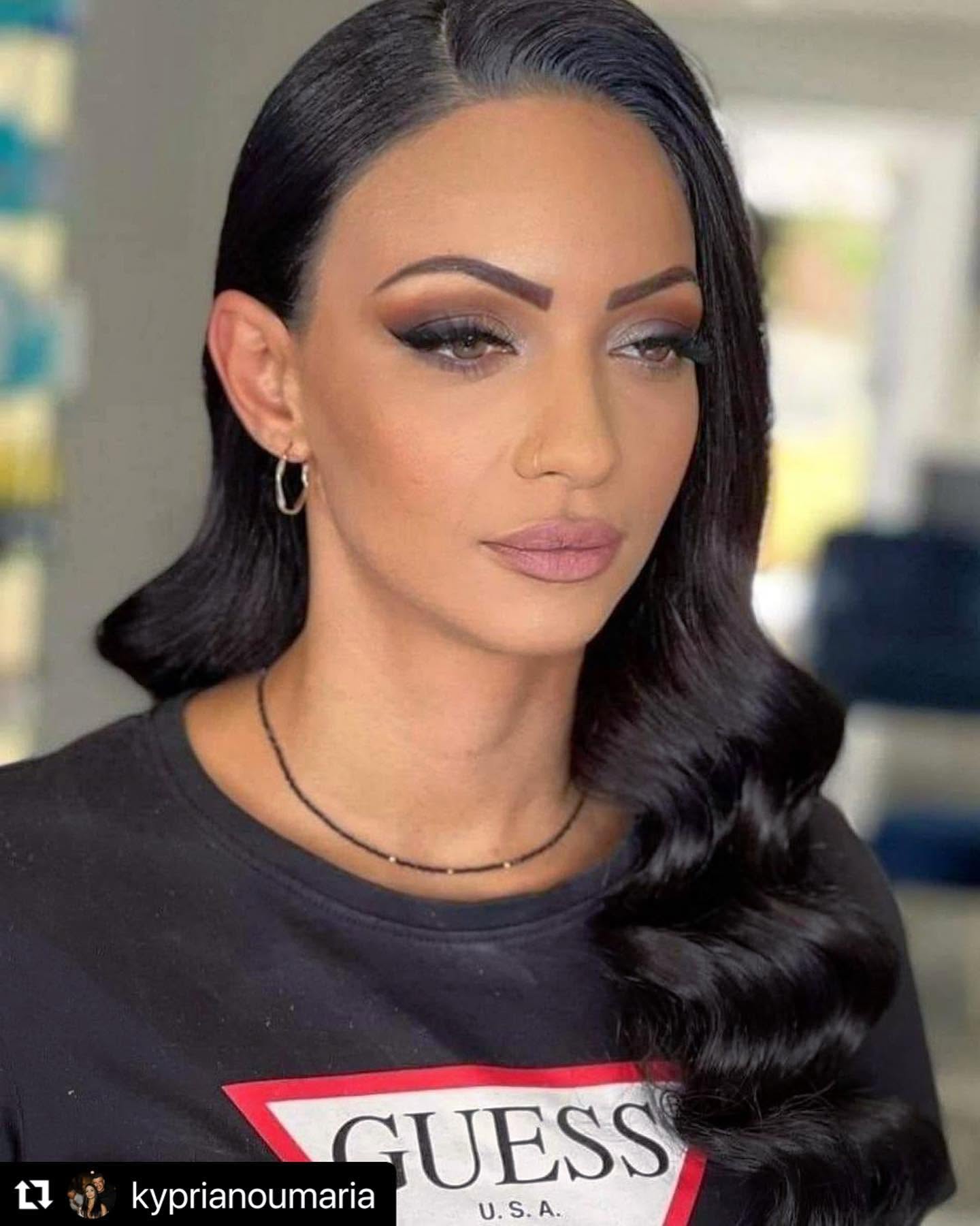 Sleek dark hair with defined smokey eye and soft nude lip makeup by Giannis Karaolis in Paphos
