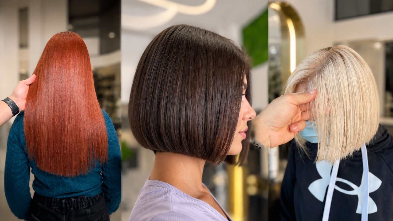 Three variations of the award-winning bob | precision blonde, brunette and copper cuts by Giannis Karaolis