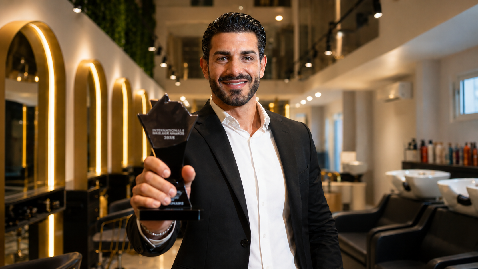 Giannis Karaolis holding the International Hair & Hair Awards trophy inside the Paphos salon