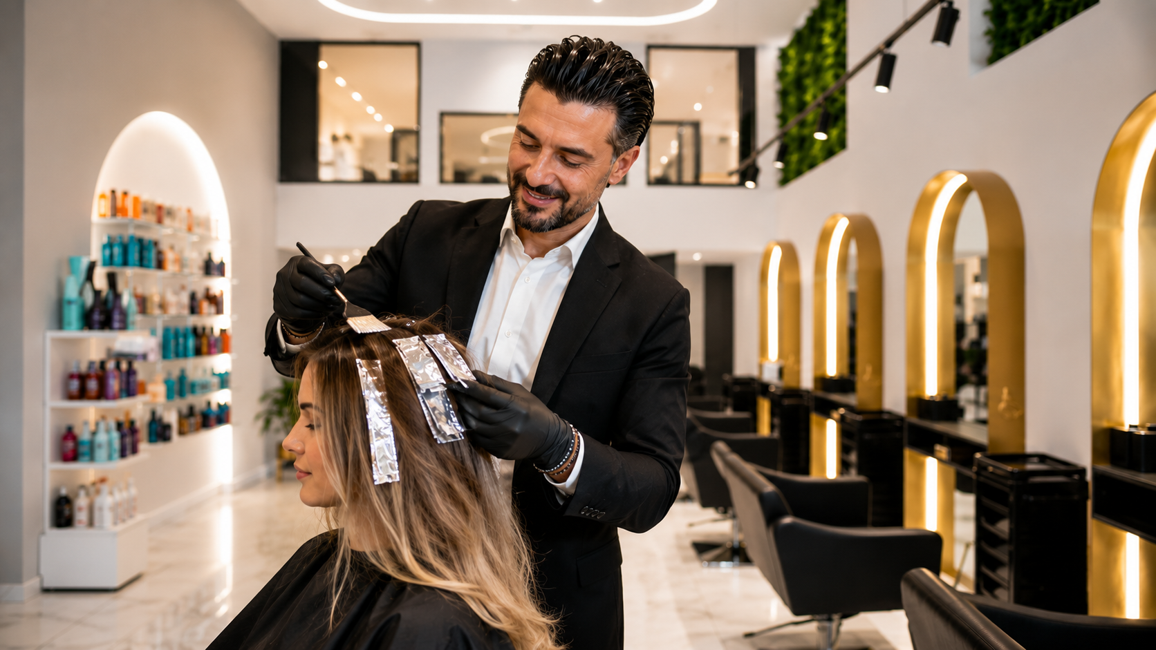 Hairdresser applying balayage foils to long hair inside a luxury Paphos salon