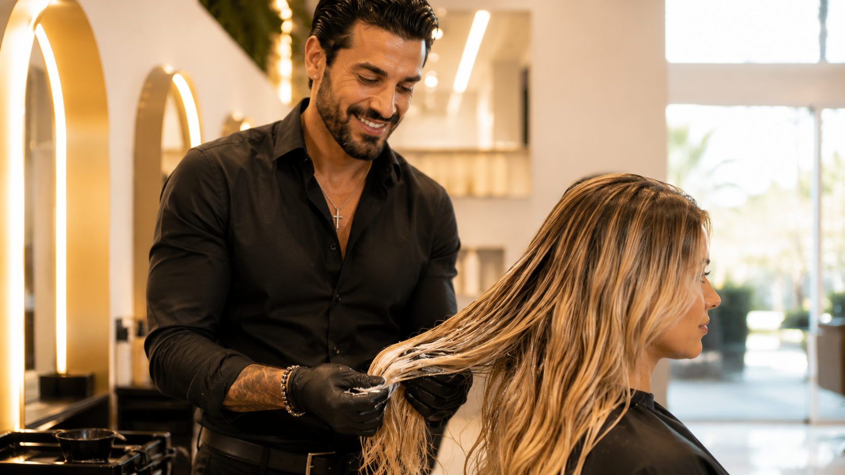 Giannis Karaolis applying a moisture treatment and gloss to long blonde hair inside the Paphos salon