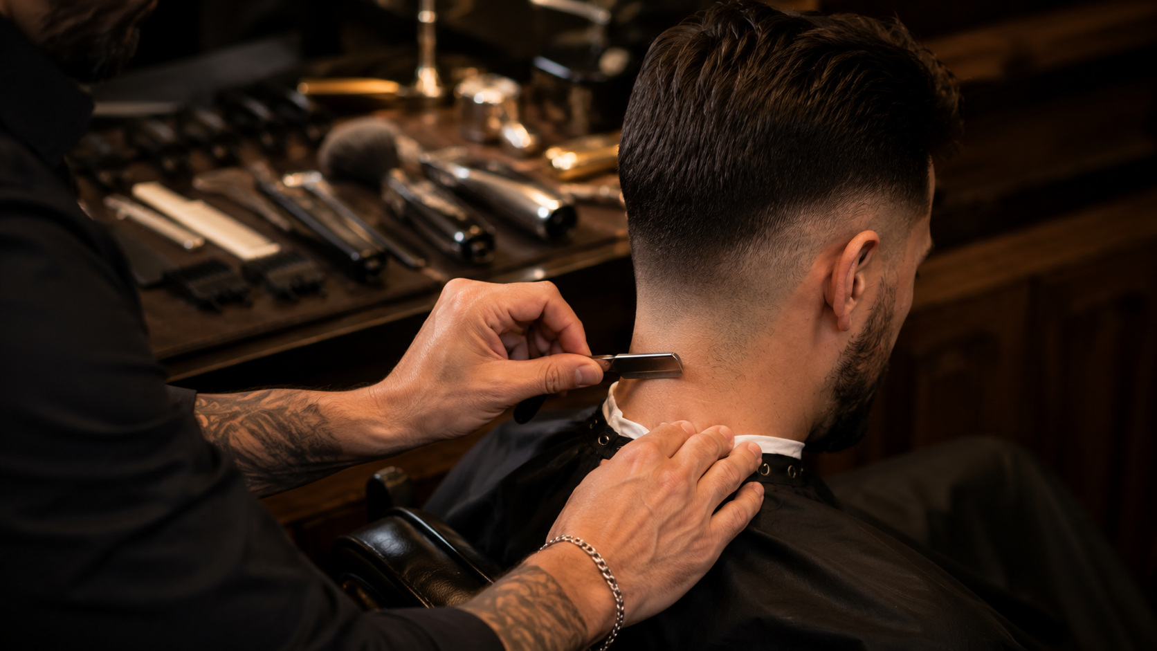 Barber using a straight razor to clean the neckline of a fade haircut
